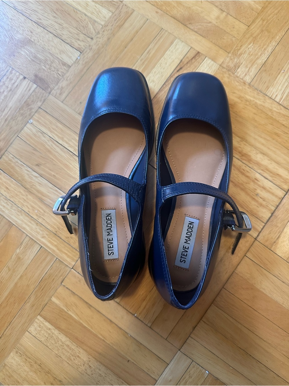 Steve Madden Delancy Navy Square-Toe Mary Jane Flats with Buckle Strap